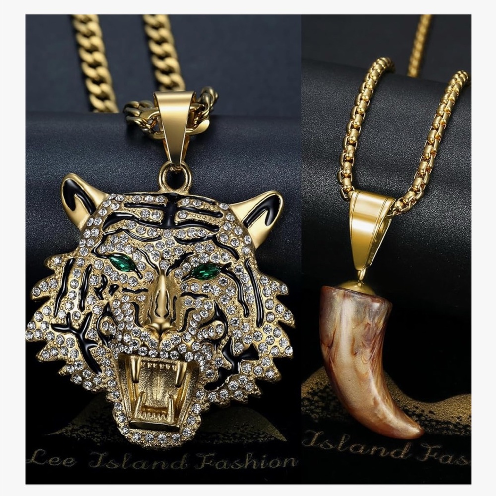 Gold Tiger Pendant Necklace with Crystal Accents - Picture 2 of 6